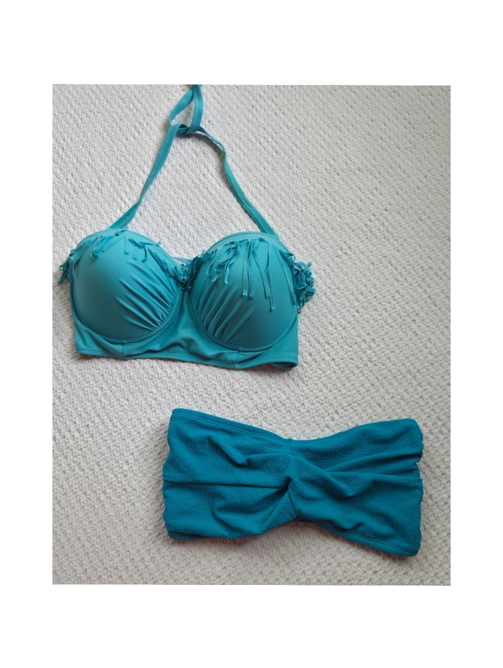 Teal Halter Balconette Fringe & Aqua Blue Bandeau Bikini Tops Size XL